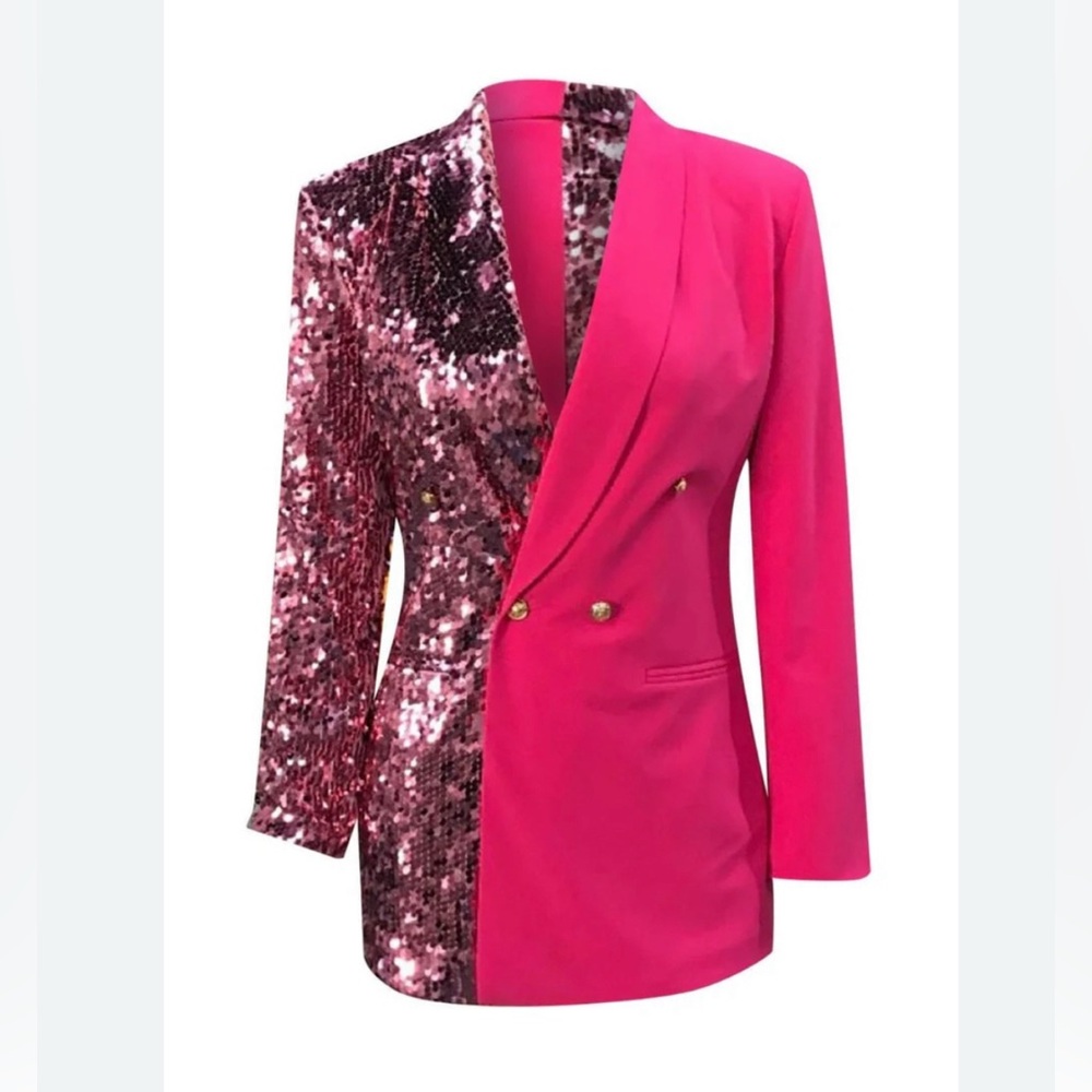 Blazer Vibrant Pink Sequin Blazer with Feather Trim - Picture 3 of 10